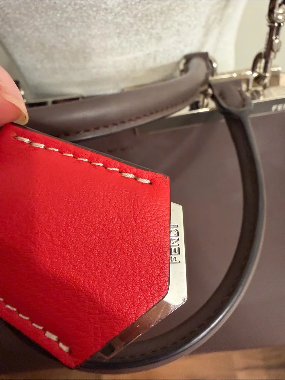 **FENDI** 3Jours LARGE Brown Colorblock Leather Top-Handle Bag with Red Accent